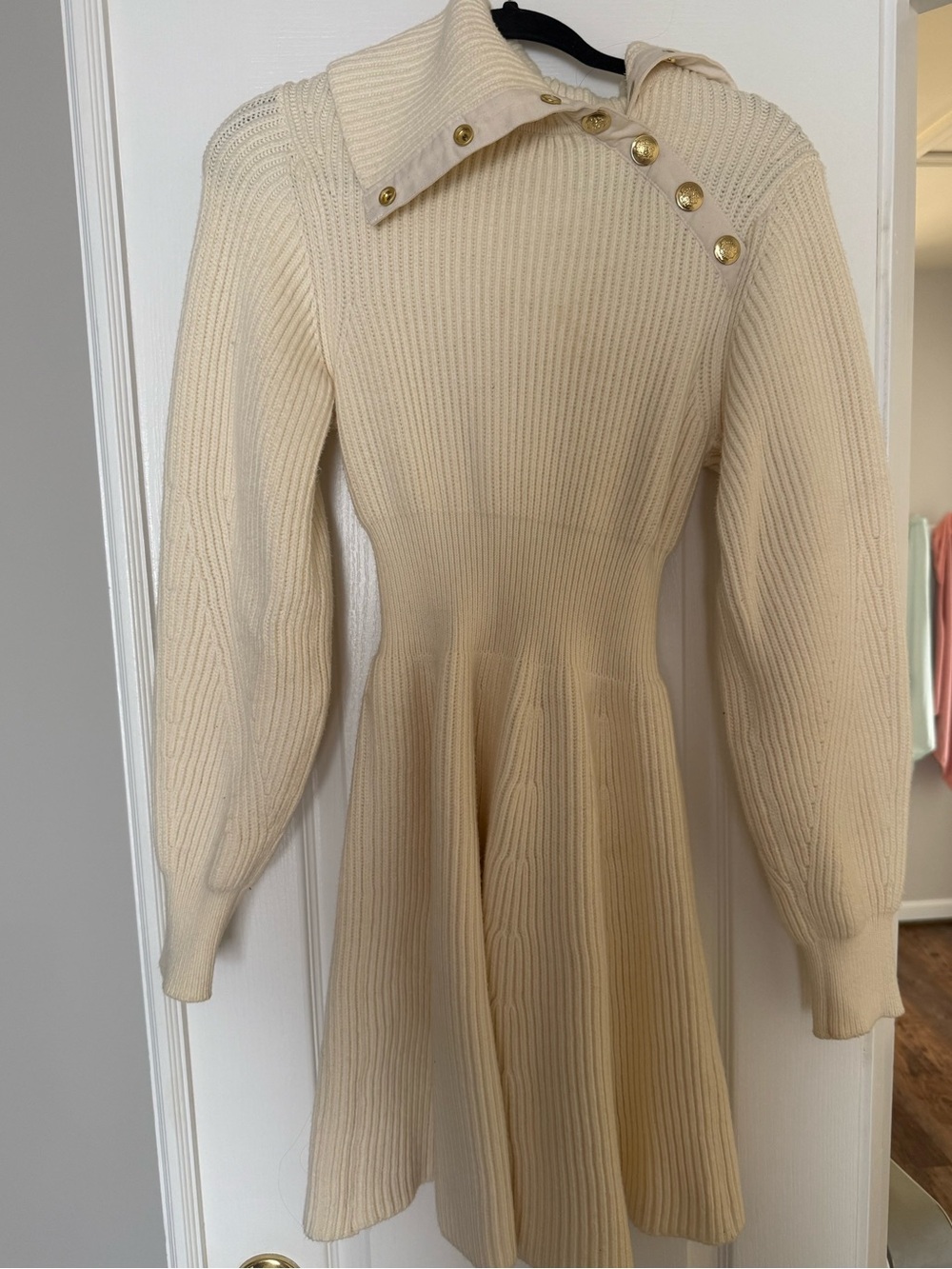 Derek Lam Cream Ribbed Long-Sleeve Fit & Flare Dress with Button-Shoulder Detail